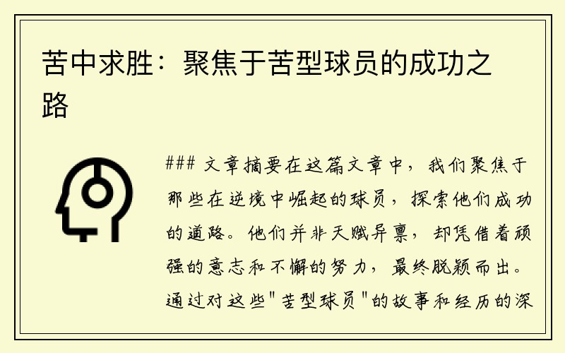 苦中求胜：聚焦于苦型球员的成功之路